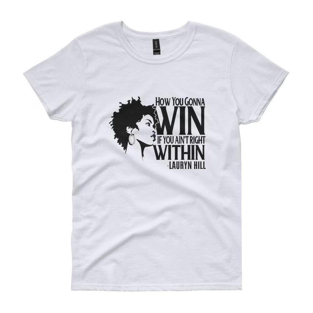White Casual Tee With Black Graphic Print Featuring Lauryn Hill